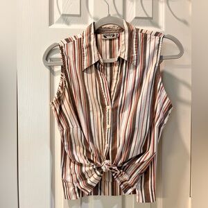 Western Cropped Button Down; white striped brown, red & cream